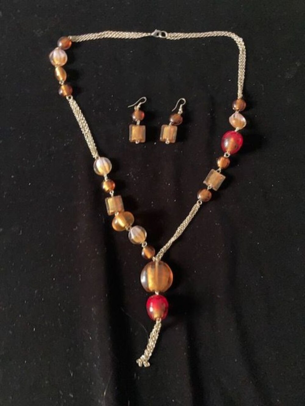 Amber, Gold and a Little Red Necklace and Earring Set